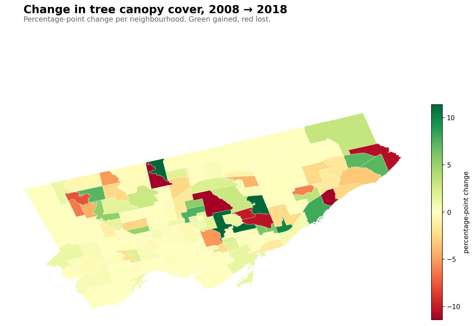 Choropleth map of Toronto showing canopy change 2008-2018.