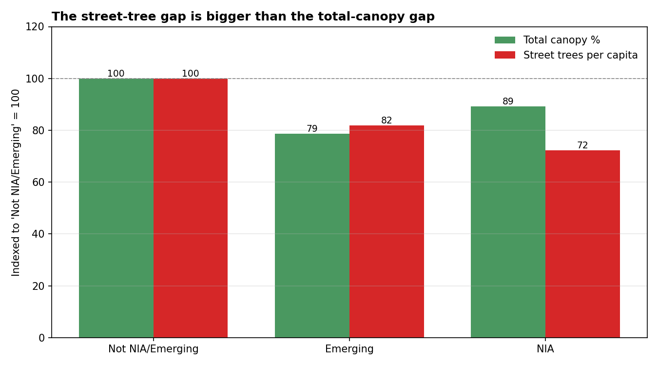Bar chart showing two metrics indexed to 100 for the 'Not NIA/Emerging' group. For NIA neighbourhoods, total canopy is 89 and street trees per capita is 72. For Emerging neighbourhoods, total canopy is 79 and street trees per capita is 82. The NIA bars highlight a much larger gap on street trees than on total canopy.