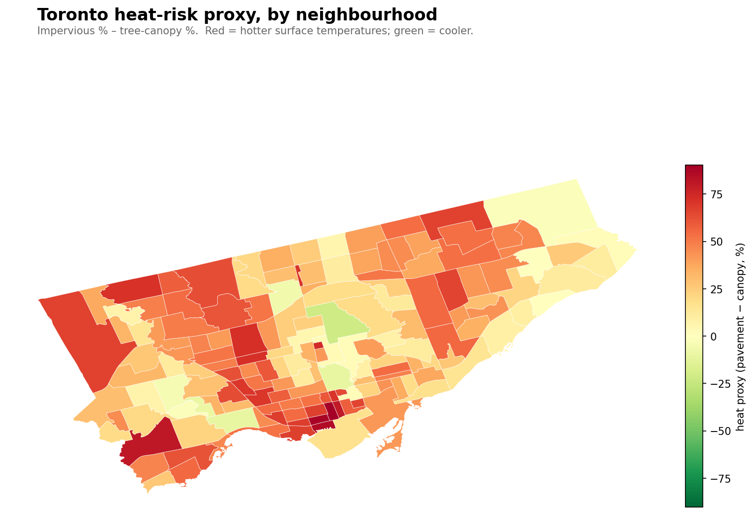 Heat-risk-proxy choropleth of Toronto — red downtown cores, green ravine-edge neighbourhoods.