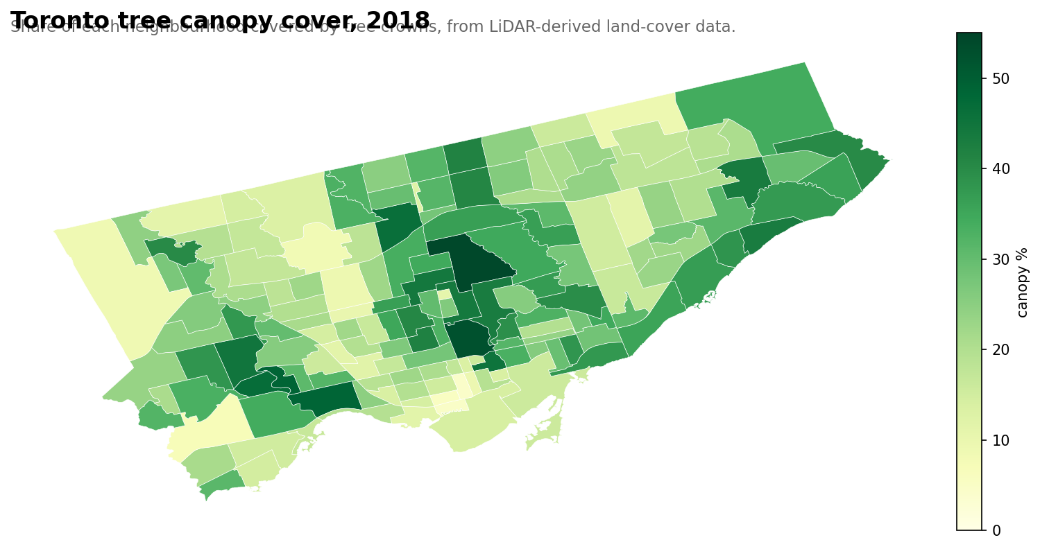Choropleth map of Toronto by neighbourhood canopy percentage.