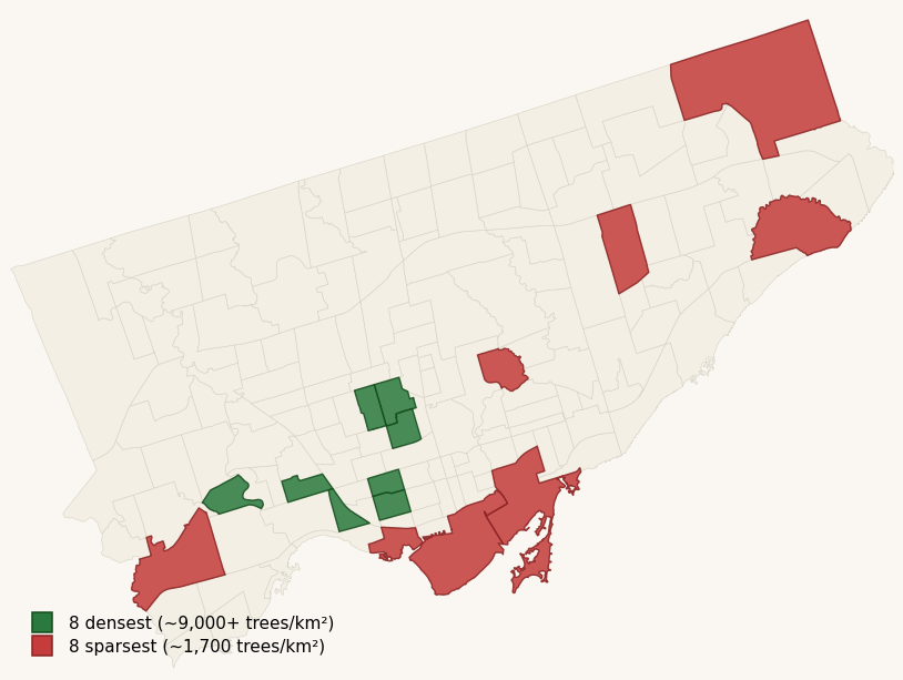 Toronto map with the 8 densest street-tree neighbourhoods highlighted green and the 8 sparsest highlighted red.
