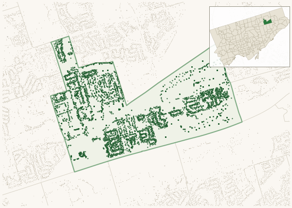 Map of Agincourt South-Malvern West showing the neighbourhood outlined in green with every city-owned street tree as a dark-green dot, plus a locator inset showing its position in Toronto.