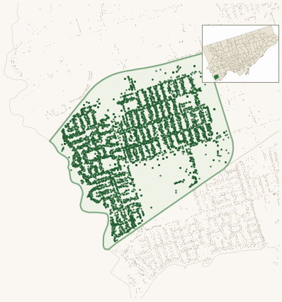 Map of Alderwood showing the neighbourhood outlined in green with every city-owned street tree as a dark-green dot, plus a locator inset showing its position in Toronto.