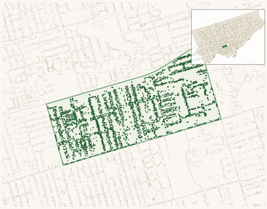 Map of Annex showing the neighbourhood outlined in green with every city-owned street tree as a dark-green dot, plus a locator inset showing its position in Toronto.