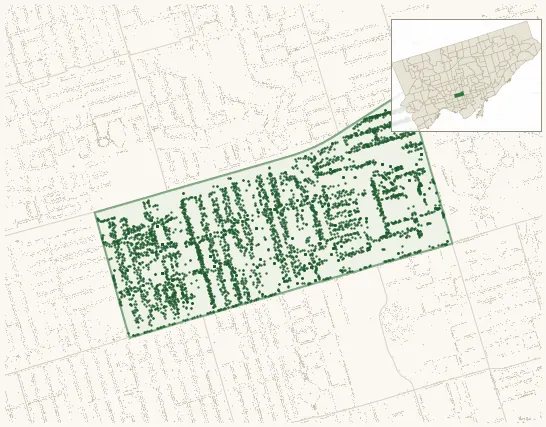 Map of Annex showing the neighbourhood outlined in green with every city-owned street tree as a dark-green dot, plus a locator inset showing its position in Toronto.