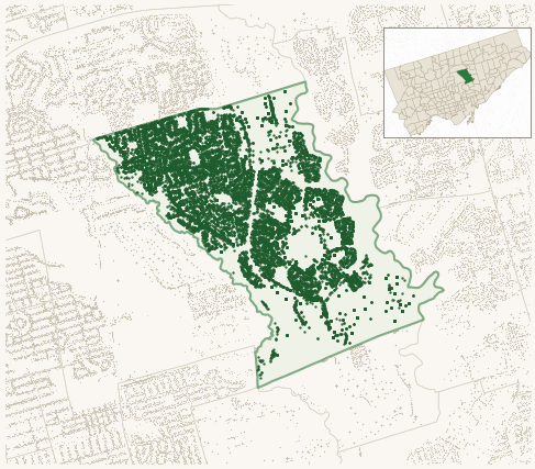 Map of Banbury-Don Mills showing the neighbourhood outlined in green with every city-owned street tree as a dark-green dot, plus a locator inset showing its position in Toronto.