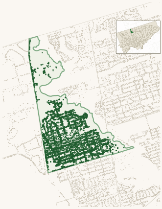 Map of Bathurst Manor showing the neighbourhood outlined in green with every city-owned street tree as a dark-green dot, plus a locator inset showing its position in Toronto.