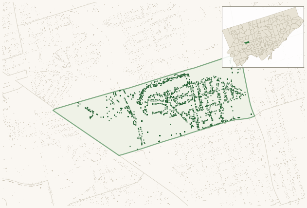 Map of Beechborough-Greenbrook showing the neighbourhood outlined in green with every city-owned street tree as a dark-green dot, plus a locator inset showing its position in Toronto.