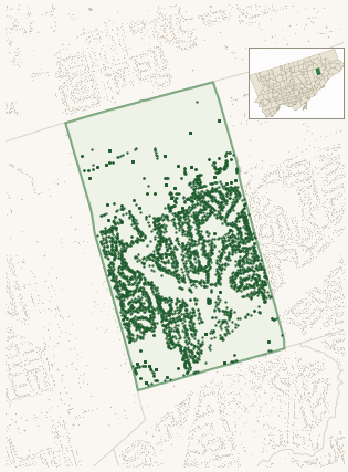 Map of Bendale-Glen Andrew showing the neighbourhood outlined in green with every city-owned street tree as a dark-green dot, plus a locator inset showing its position in Toronto.