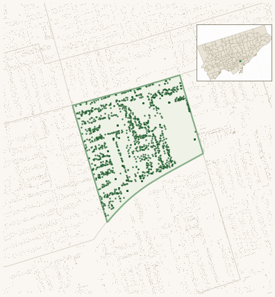 Map of Blake-Jones showing the neighbourhood outlined in green with every city-owned street tree as a dark-green dot, plus a locator inset showing its position in Toronto.