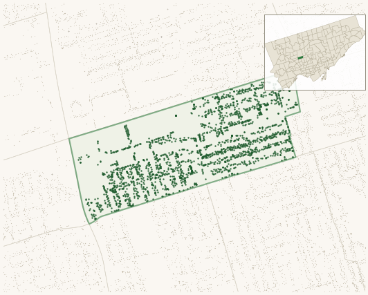 Map of Briar Hill-Belgravia showing the neighbourhood outlined in green with every city-owned street tree as a dark-green dot, plus a locator inset showing its position in Toronto.