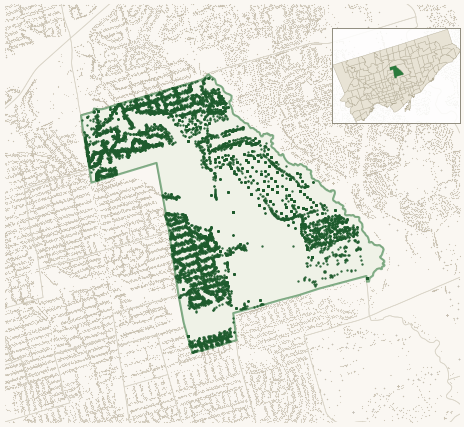 Map of Bridle Path-Sunnybrook-York Mills showing the neighbourhood outlined in green with every city-owned street tree as a dark-green dot, plus a locator inset showing its position in Toronto.