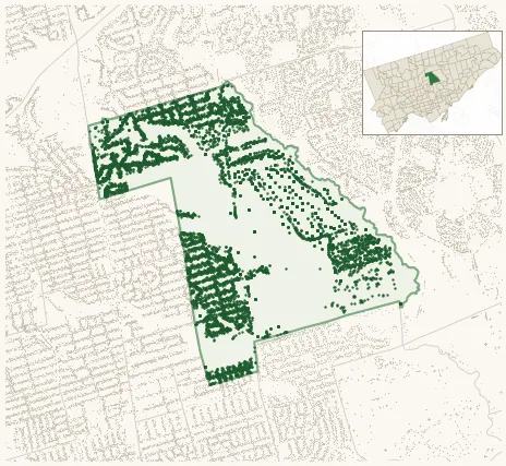 Map of Bridle Path-Sunnybrook-York Mills showing the neighbourhood outlined in green with every city-owned street tree as a dark-green dot, plus a locator inset showing its position in Toronto.