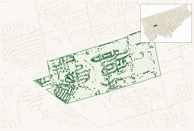 Map of Brookhaven-Amesbury showing the neighbourhood outlined in green with every city-owned street tree as a dark-green dot, plus a locator inset showing its position in Toronto.