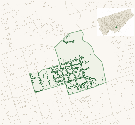 Map of Cabbagetown-South St.James Town showing the neighbourhood outlined in green with every city-owned street tree as a dark-green dot, plus a locator inset showing its position in Toronto.