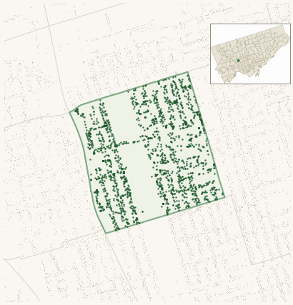 Map of Caledonia-Fairbank showing the neighbourhood outlined in green with every city-owned street tree as a dark-green dot, plus a locator inset showing its position in Toronto.