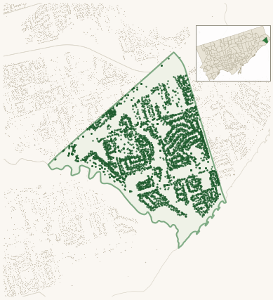 Map of Centennial Scarborough showing the neighbourhood outlined in green with every city-owned street tree as a dark-green dot, plus a locator inset showing its position in Toronto.