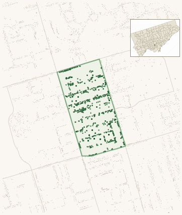 Map of Church-Wellesley showing the neighbourhood outlined in green with every city-owned street tree as a dark-green dot, plus a locator inset showing its position in Toronto.
