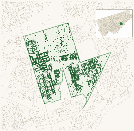 Map of Clairlea-Birchmount showing the neighbourhood outlined in green with every city-owned street tree as a dark-green dot, plus a locator inset showing its position in Toronto.