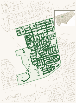 Map of Clanton Park showing the neighbourhood outlined in green with every city-owned street tree as a dark-green dot, plus a locator inset showing its position in Toronto.