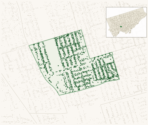 Map of Corso Italia-Davenport showing the neighbourhood outlined in green with every city-owned street tree as a dark-green dot, plus a locator inset showing its position in Toronto.