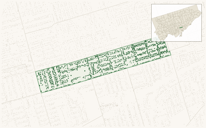 Map of Danforth showing the neighbourhood outlined in green with every city-owned street tree as a dark-green dot, plus a locator inset showing its position in Toronto.