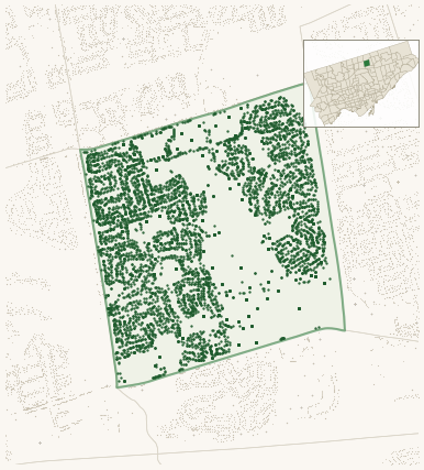 Map of Don Valley Village showing the neighbourhood outlined in green with every city-owned street tree as a dark-green dot, plus a locator inset showing its position in Toronto.