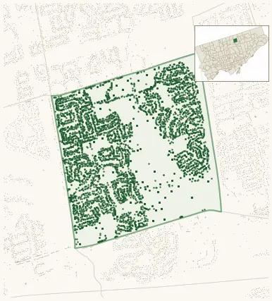 Map of Don Valley Village showing the neighbourhood outlined in green with every city-owned street tree as a dark-green dot, plus a locator inset showing its position in Toronto.