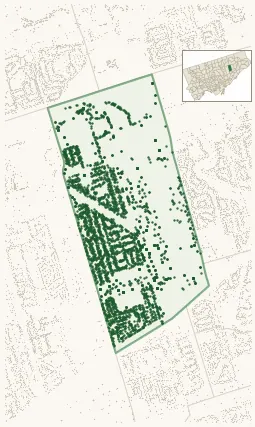 Map of Dorset Park showing the neighbourhood outlined in green with every city-owned street tree as a dark-green dot, plus a locator inset showing its position in Toronto.