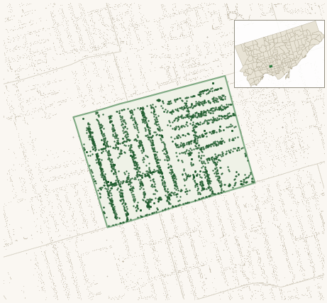 Map of Dovercourt Village showing the neighbourhood outlined in green with every city-owned street tree as a dark-green dot, plus a locator inset showing its position in Toronto.