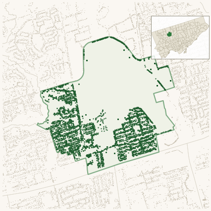 Map of Downsview showing the neighbourhood outlined in green with every city-owned street tree as a dark-green dot, plus a locator inset showing its position in Toronto.