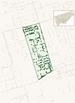 Map of Downtown Yonge East showing the neighbourhood outlined in green with every city-owned street tree as a dark-green dot, plus a locator inset showing its position in Toronto.