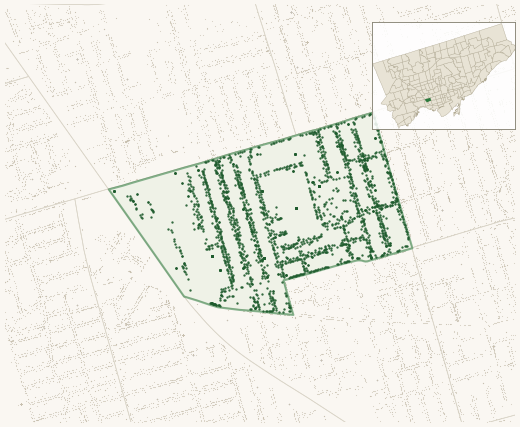 Map of Dufferin Grove showing the neighbourhood outlined in green with every city-owned street tree as a dark-green dot, plus a locator inset showing its position in Toronto.