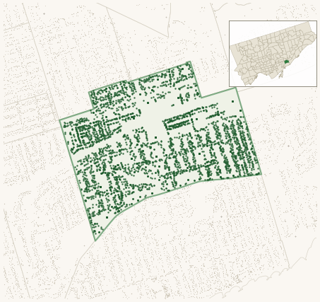 Map of East End-Danforth showing the neighbourhood outlined in green with every city-owned street tree as a dark-green dot, plus a locator inset showing its position in Toronto.