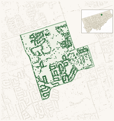 Map of East L'Amoreaux showing the neighbourhood outlined in green with every city-owned street tree as a dark-green dot, plus a locator inset showing its position in Toronto.