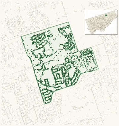 Map of East L'Amoreaux showing the neighbourhood outlined in green with every city-owned street tree as a dark-green dot, plus a locator inset showing its position in Toronto.