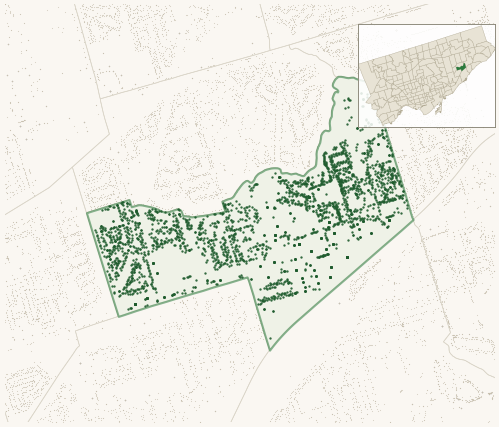 Map of Eglinton East showing the neighbourhood outlined in green with every city-owned street tree as a dark-green dot, plus a locator inset showing its position in Toronto.
