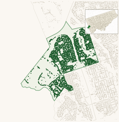 Map of Eringate-Centennial-West Deane showing the neighbourhood outlined in green with every city-owned street tree as a dark-green dot, plus a locator inset showing its position in Toronto.