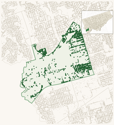 Map of Etobicoke City Centre showing the neighbourhood outlined in green with every city-owned street tree as a dark-green dot, plus a locator inset showing its position in Toronto.