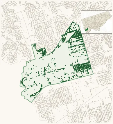 Map of Etobicoke City Centre showing the neighbourhood outlined in green with every city-owned street tree as a dark-green dot, plus a locator inset showing its position in Toronto.
