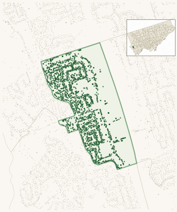 Map of Etobicoke West Mall showing the neighbourhood outlined in green with every city-owned street tree as a dark-green dot, plus a locator inset showing its position in Toronto.