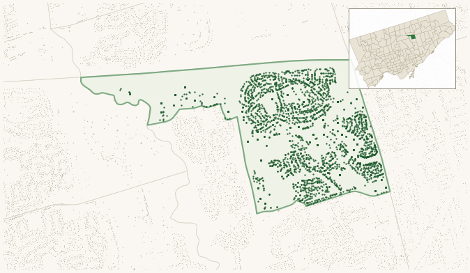 Map of Fenside-Parkwoods showing the neighbourhood outlined in green with every city-owned street tree as a dark-green dot, plus a locator inset showing its position in Toronto.