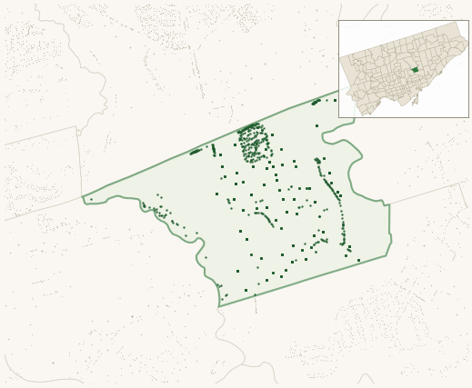 Map of Flemingdon Park showing the neighbourhood outlined in green with every city-owned street tree as a dark-green dot, plus a locator inset showing its position in Toronto.