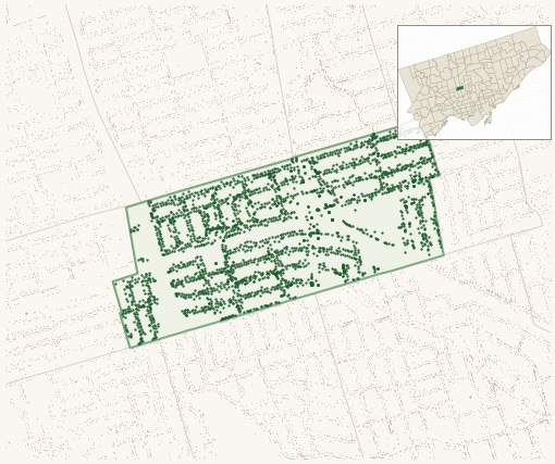 Map of Forest Hill North showing the neighbourhood outlined in green with every city-owned street tree as a dark-green dot, plus a locator inset showing its position in Toronto.