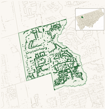 Map of Glenfield-Jane Heights showing the neighbourhood outlined in green with every city-owned street tree as a dark-green dot, plus a locator inset showing its position in Toronto.