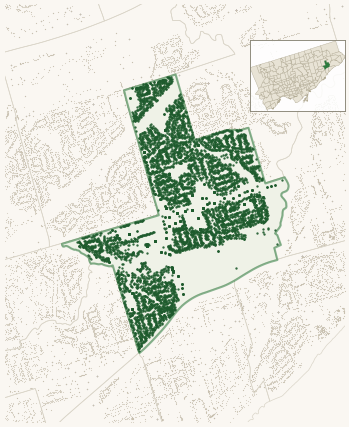 Map of Golfdale-Cedarbrae-Woburn showing the neighbourhood outlined in green with every city-owned street tree as a dark-green dot, plus a locator inset showing its position in Toronto.