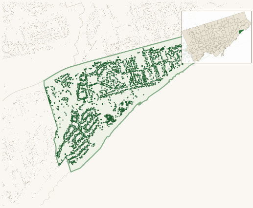 Map of Guildwood showing the neighbourhood outlined in green with every city-owned street tree as a dark-green dot, plus a locator inset showing its position in Toronto.