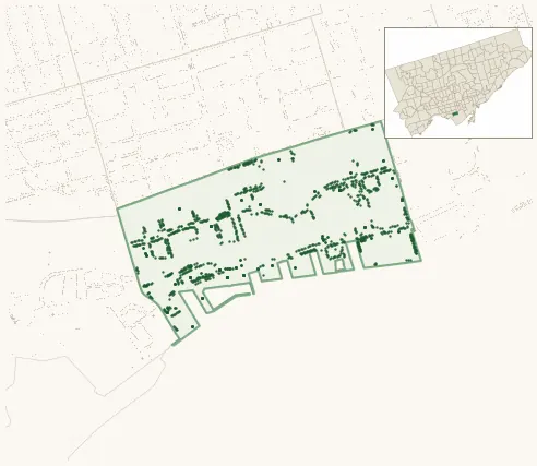 Map of Harbourfront-CityPlace showing the neighbourhood outlined in green with every city-owned street tree as a dark-green dot, plus a locator inset showing its position in Toronto.