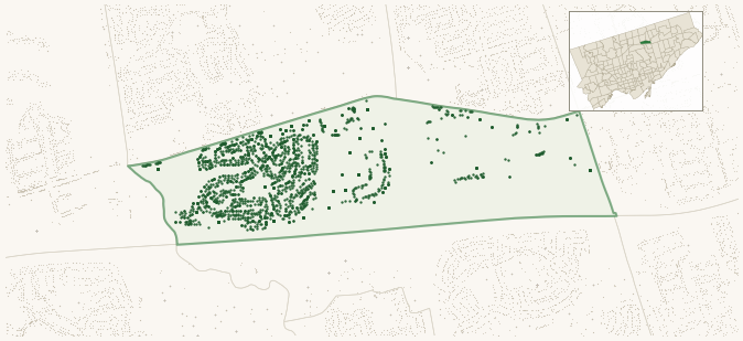 Map of Henry Farm showing the neighbourhood outlined in green with every city-owned street tree as a dark-green dot, plus a locator inset showing its position in Toronto.