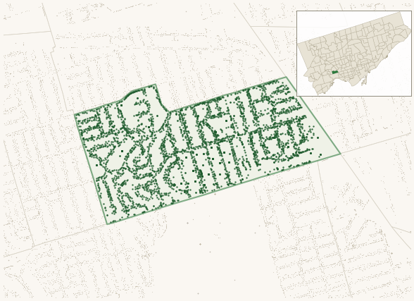 Map of High Park North showing the neighbourhood outlined in green with every city-owned street tree as a dark-green dot, plus a locator inset showing its position in Toronto.
